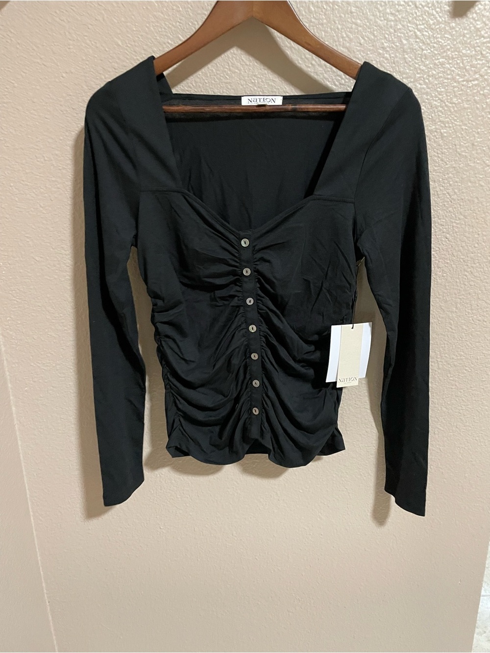 Nation  LTD Black Ruched Button-Front Long Sleeve Top NEW